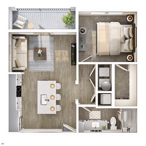 Floor plan for 1 bed, 1 bath, 650 sqft